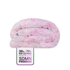 Pilota Iarna HappyNest, Model Inflorat Lila, cu 30% Puf de Gasca, Husa bumbac OEKO TEX