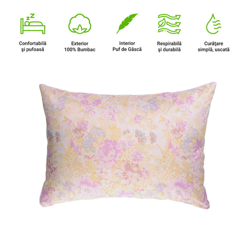 Cuscino Morbido HappyNest, Modello Fiorito Rosa, 50/70 cm, con 30% Piuma d'Oca