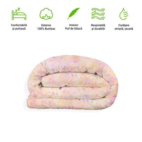 Piumone Invernale HappyNest, Modello Fiorito Rosa, con 30% Piuma d'Oca, Fodera in Cotone OEKO TEX