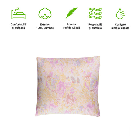 Cuscino Piccolo HappyNest, Modello Fiorito Lilla, 40/40 cm, con 30% Piuma d'Oca